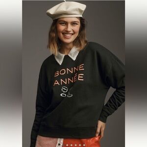 ANTHROPOLOGIE Maeve Phthalo Ruth Bonne Anne Varsity Crew Pullover Black Sz M